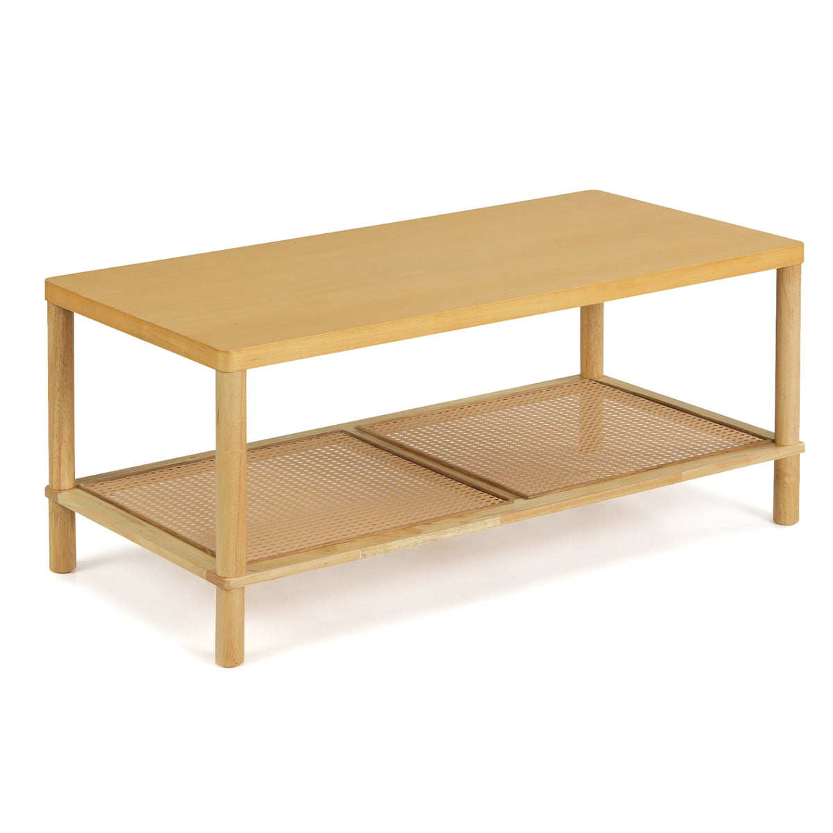 2-Tier Boho Coffee Table for Living Room Rectangular Center Table with Rubber Wood Frame and PVC Rattan Storage Shelf