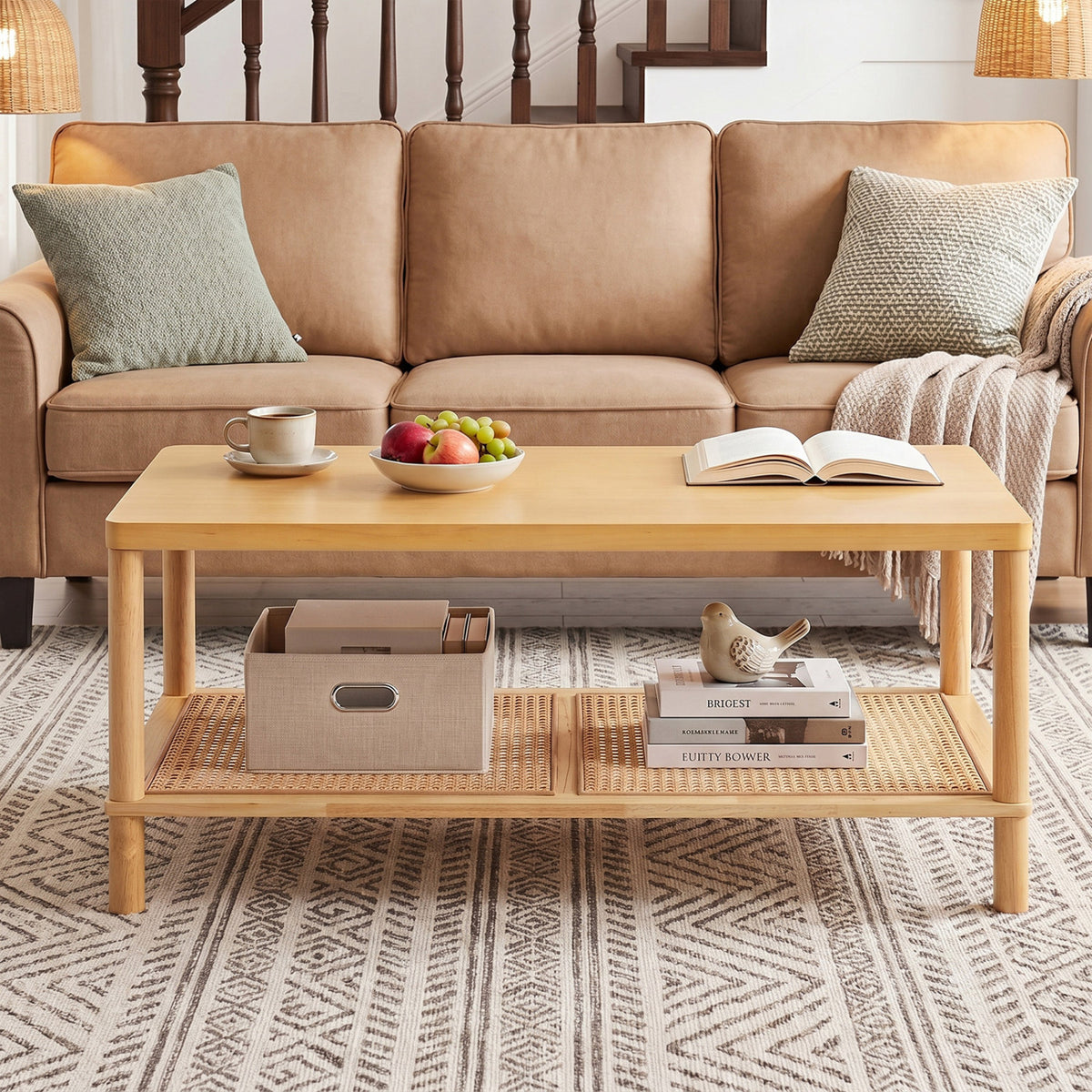 2-Tier Boho Coffee Table for Living Room Rectangular Center Table with Rubber Wood Frame and PVC Rattan Storage Shelf