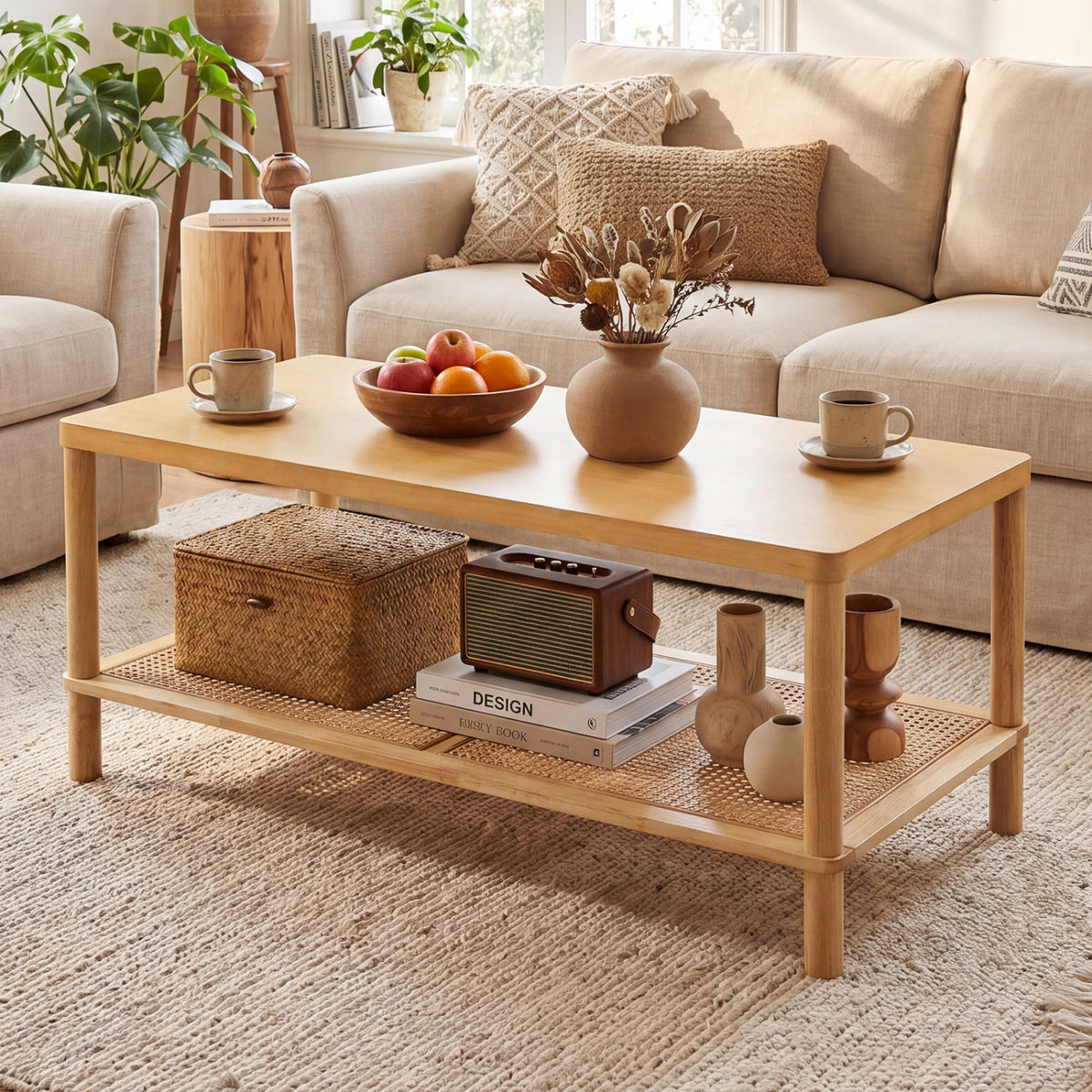 2-Tier Boho Coffee Table for Living Room Rectangular Center Table with Rubber Wood Frame and PVC Rattan Storage Shelf