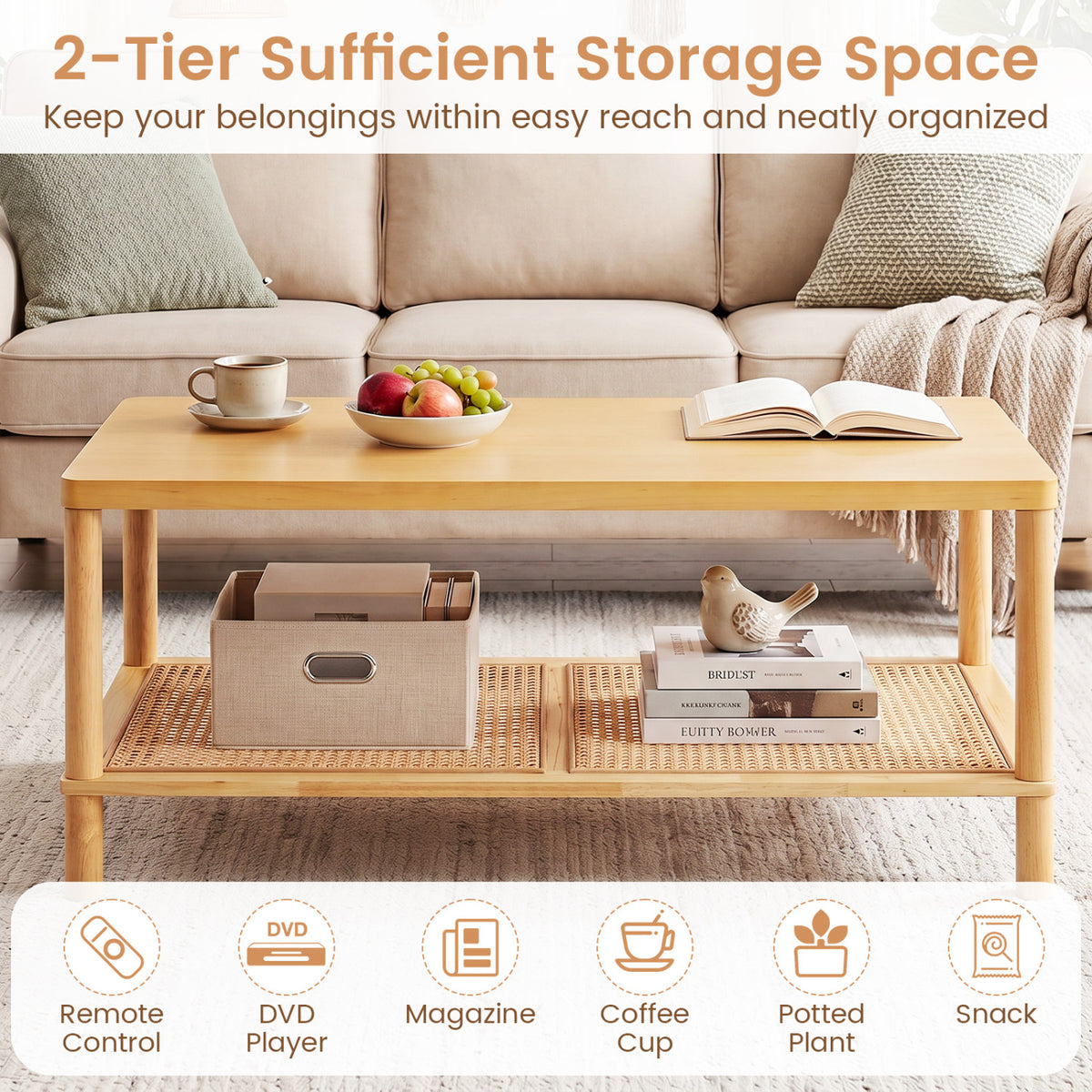 2-Tier Boho Coffee Table for Living Room Rectangular Center Table with Rubber Wood Frame and PVC Rattan Storage Shelf