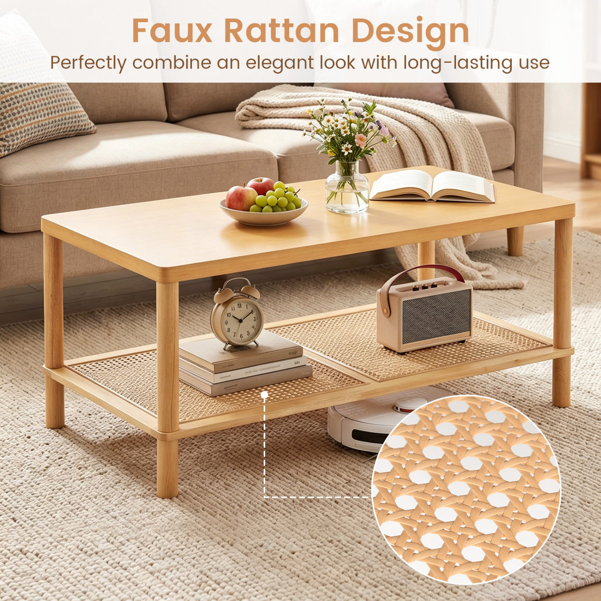 2-Tier Boho Coffee Table for Living Room Rectangular Center Table with Rubber Wood Frame and PVC Rattan Storage Shelf