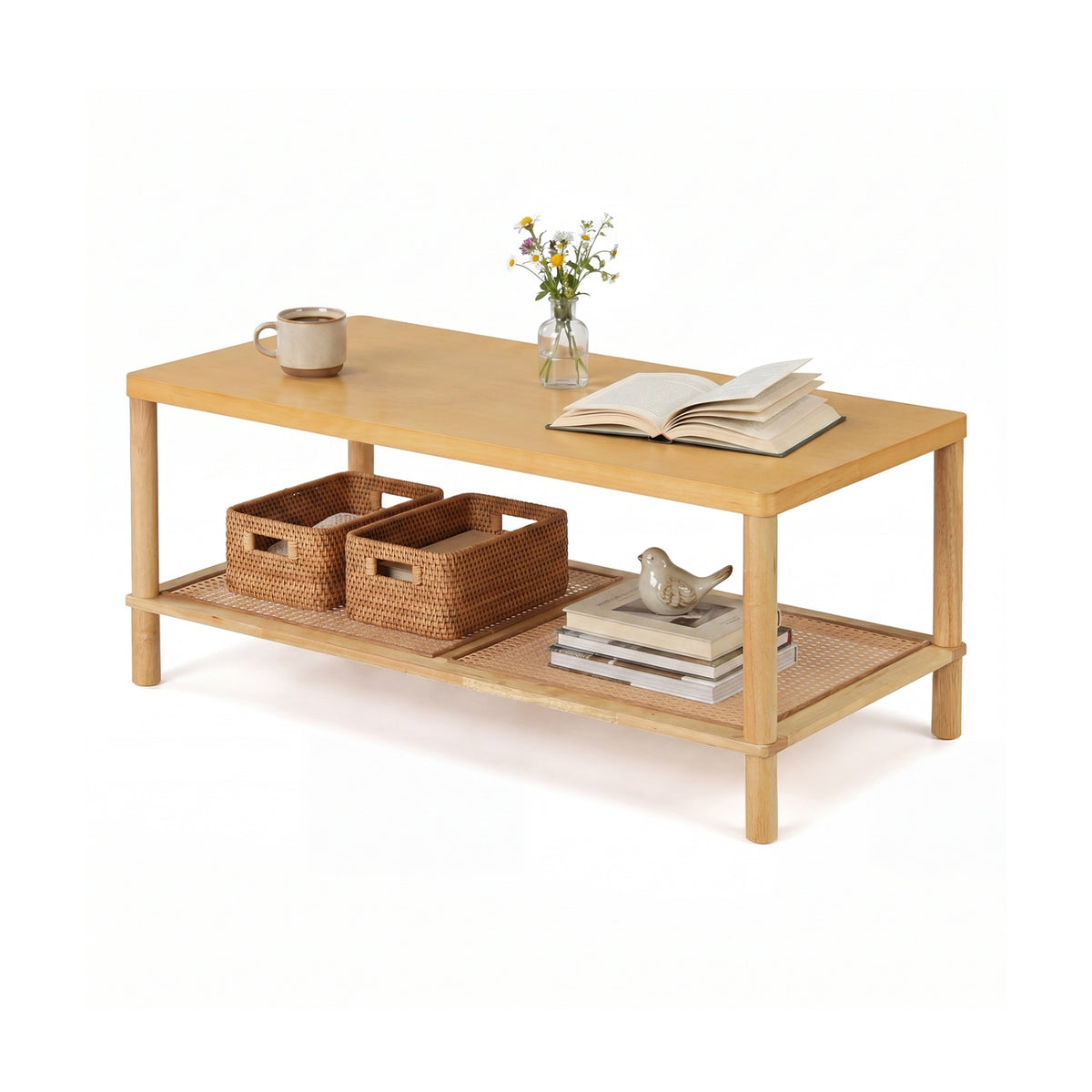 2-Tier Boho Coffee Table for Living Room Rectangular Center Table with Rubber Wood Frame and PVC Rattan Storage Shelf