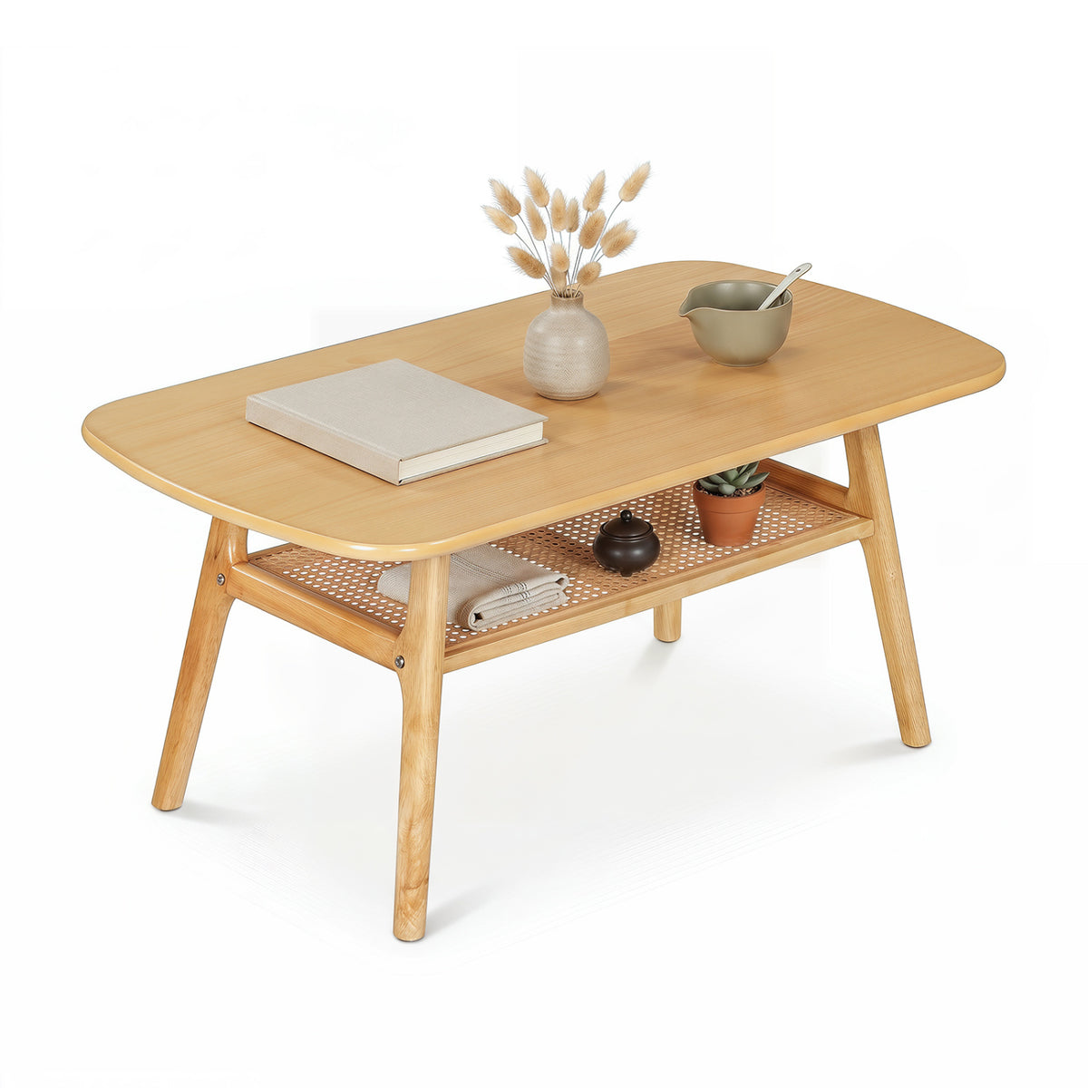 2-Tier Boho Rattan Coffee Table with Rounded Corners