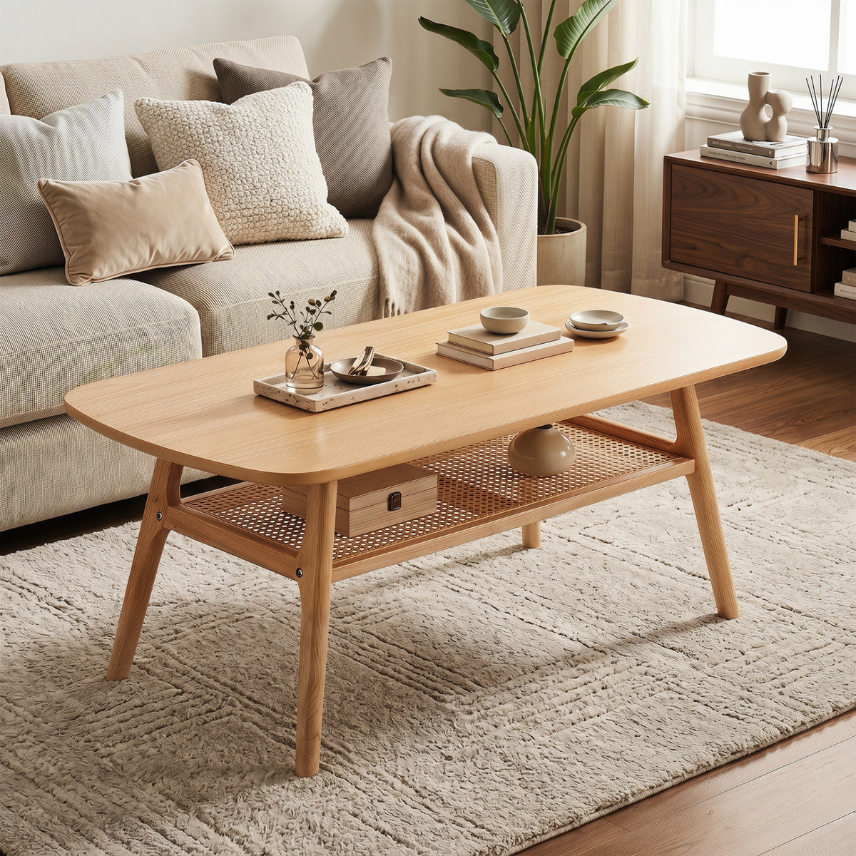 2-Tier Boho Rattan Coffee Table with Rounded Corners