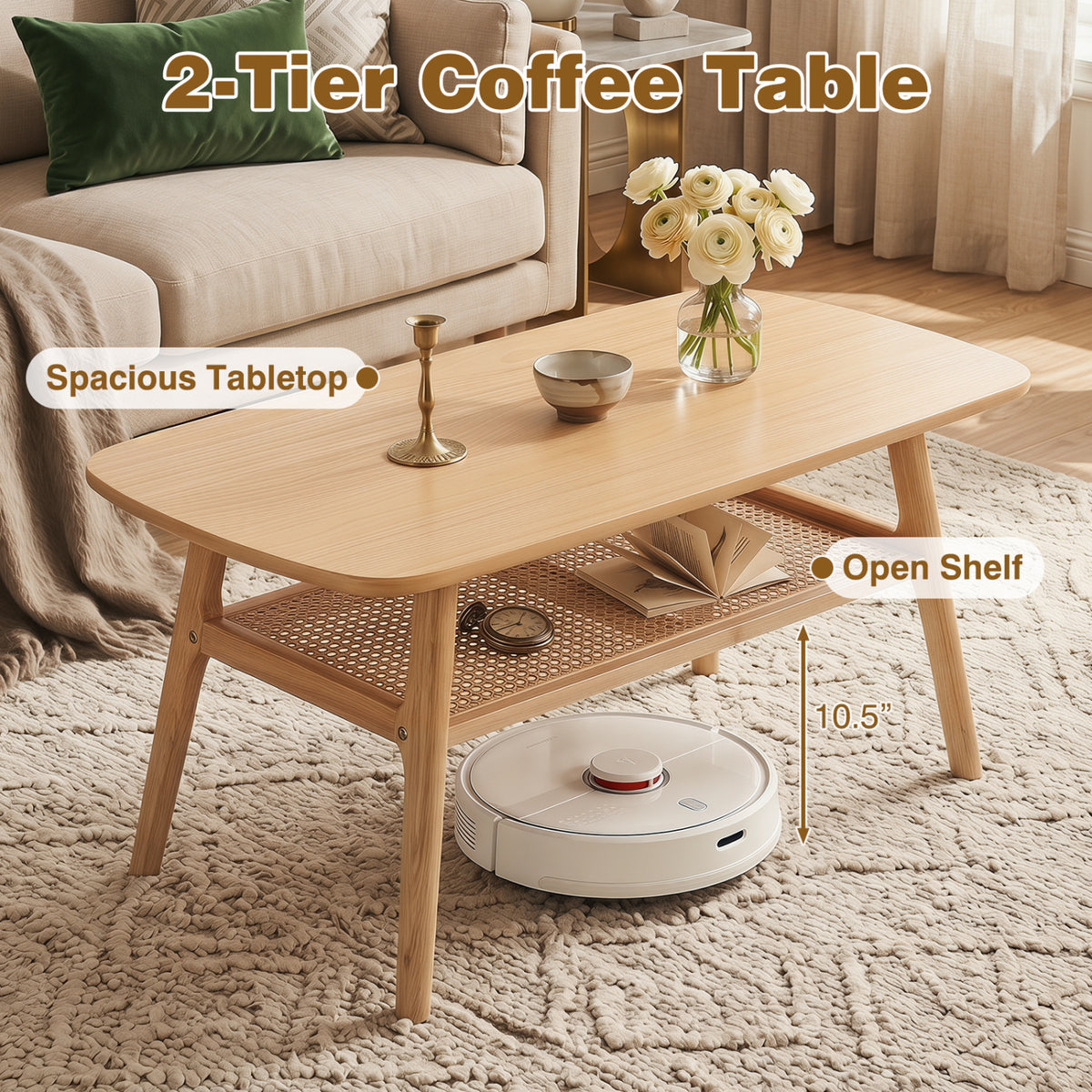 2-Tier Boho Rattan Coffee Table with Rounded Corners