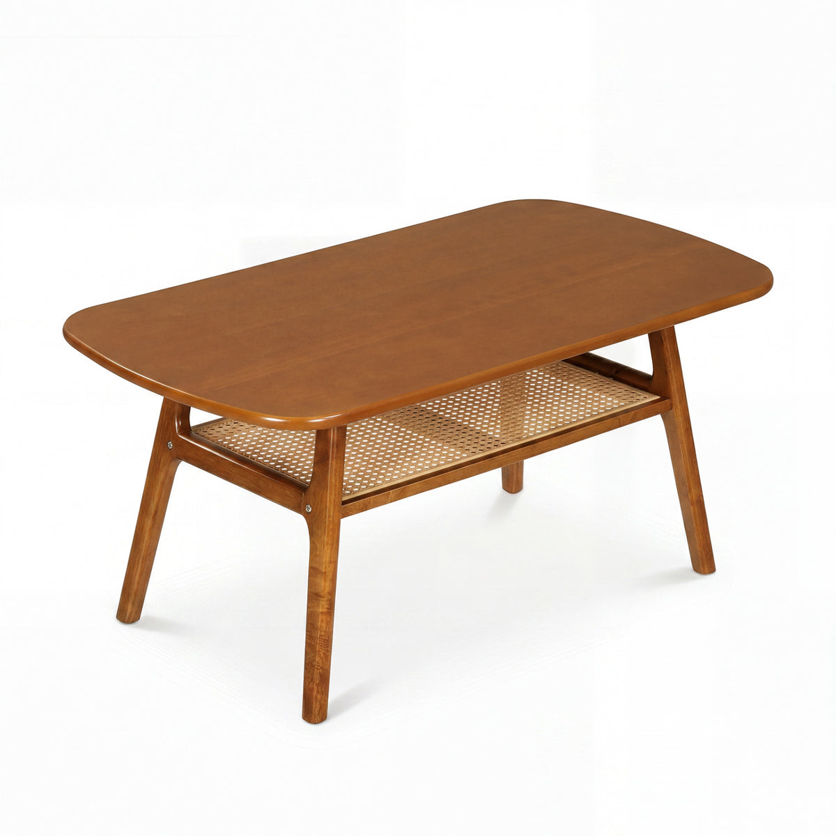2-Tier Boho Rattan Coffee Table with Rounded Corners