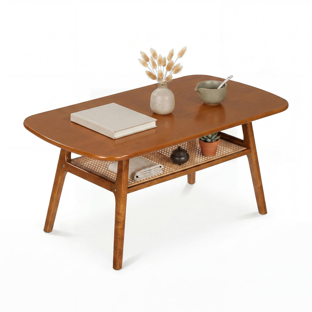 2-Tier Boho Rattan Coffee Table with Rounded Corners