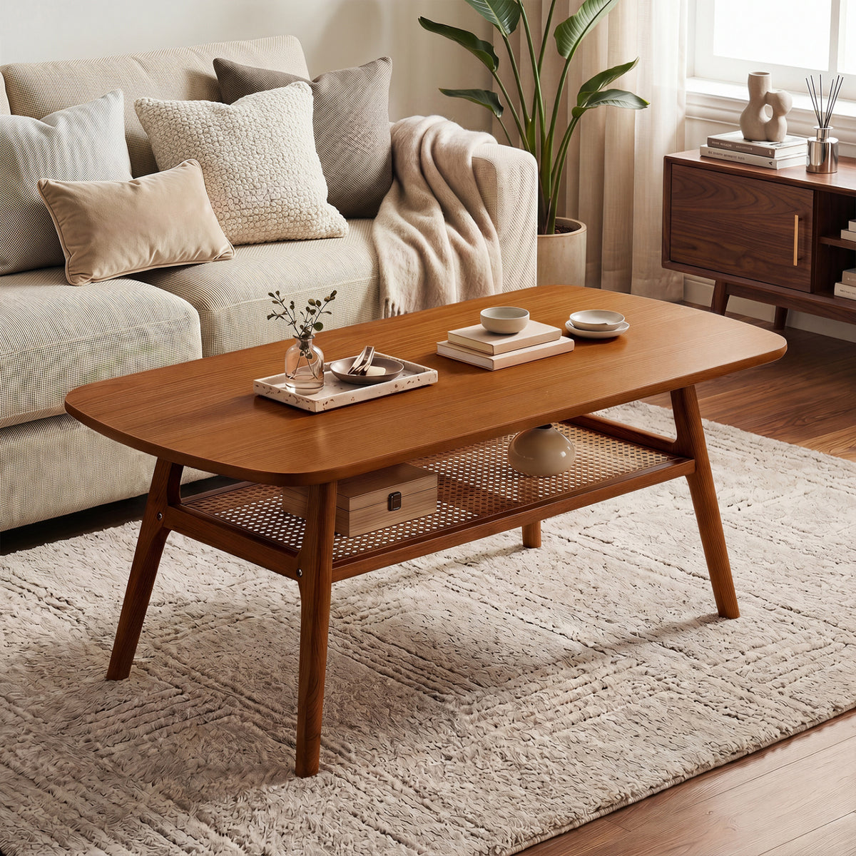 2-Tier Boho Rattan Coffee Table with Rounded Corners