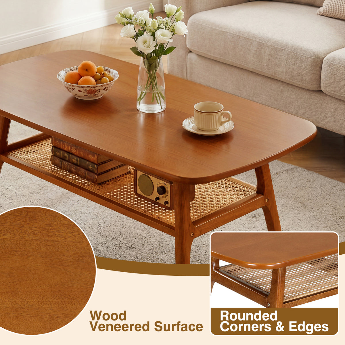 2-Tier Boho Rattan Coffee Table with Rounded Corners