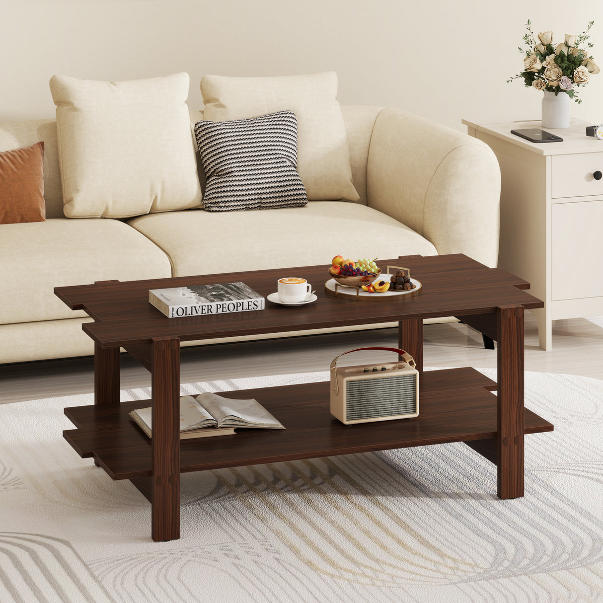 2-Tier Coffee Table Slatted Wood Center Table with Storage Shelf