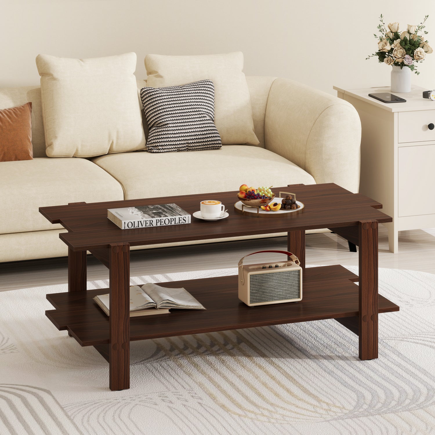 2-Tier Coffee Table Slatted Wood Center Table with Storage Shelf