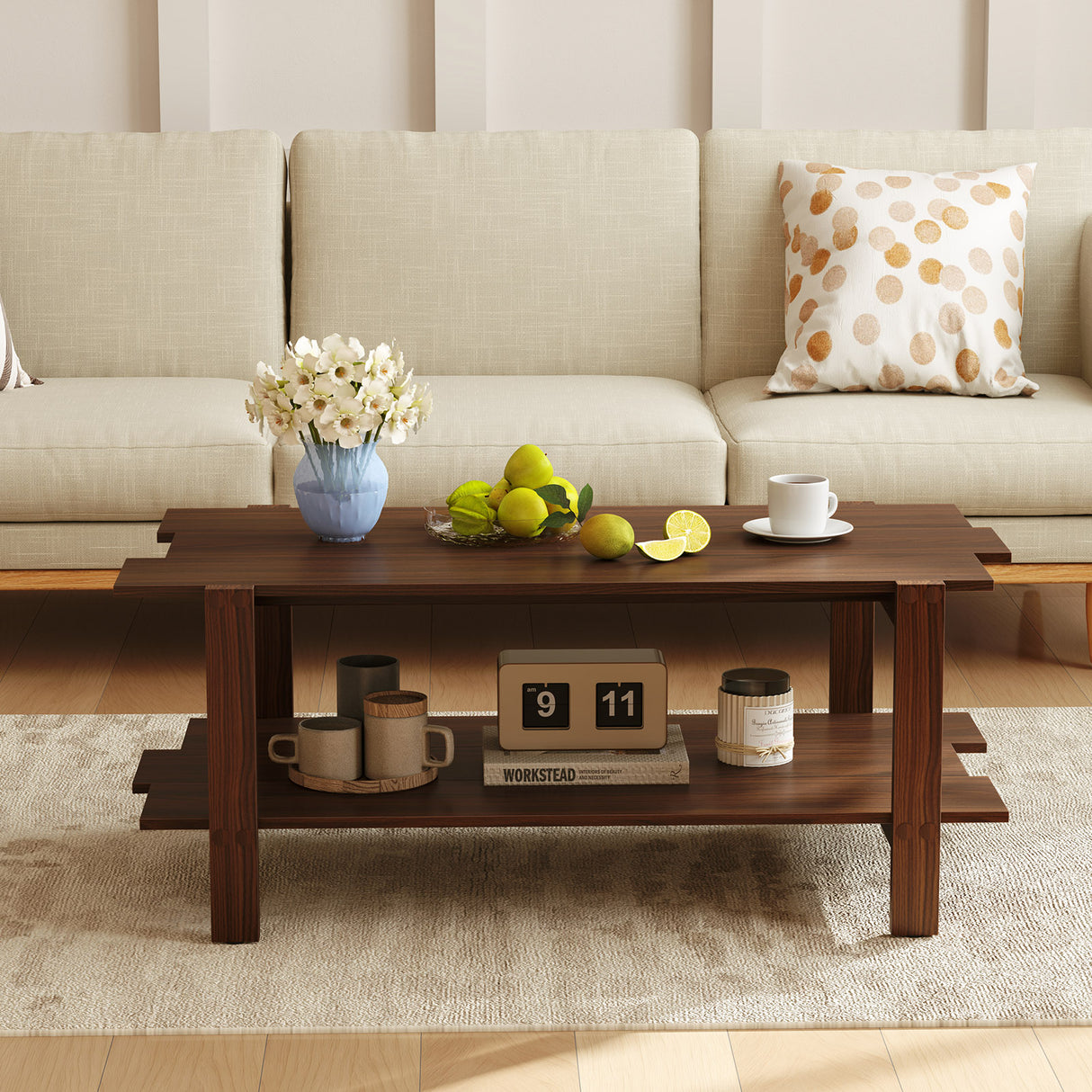 2-Tier Coffee Table Slatted Wood Center Table with Storage Shelf