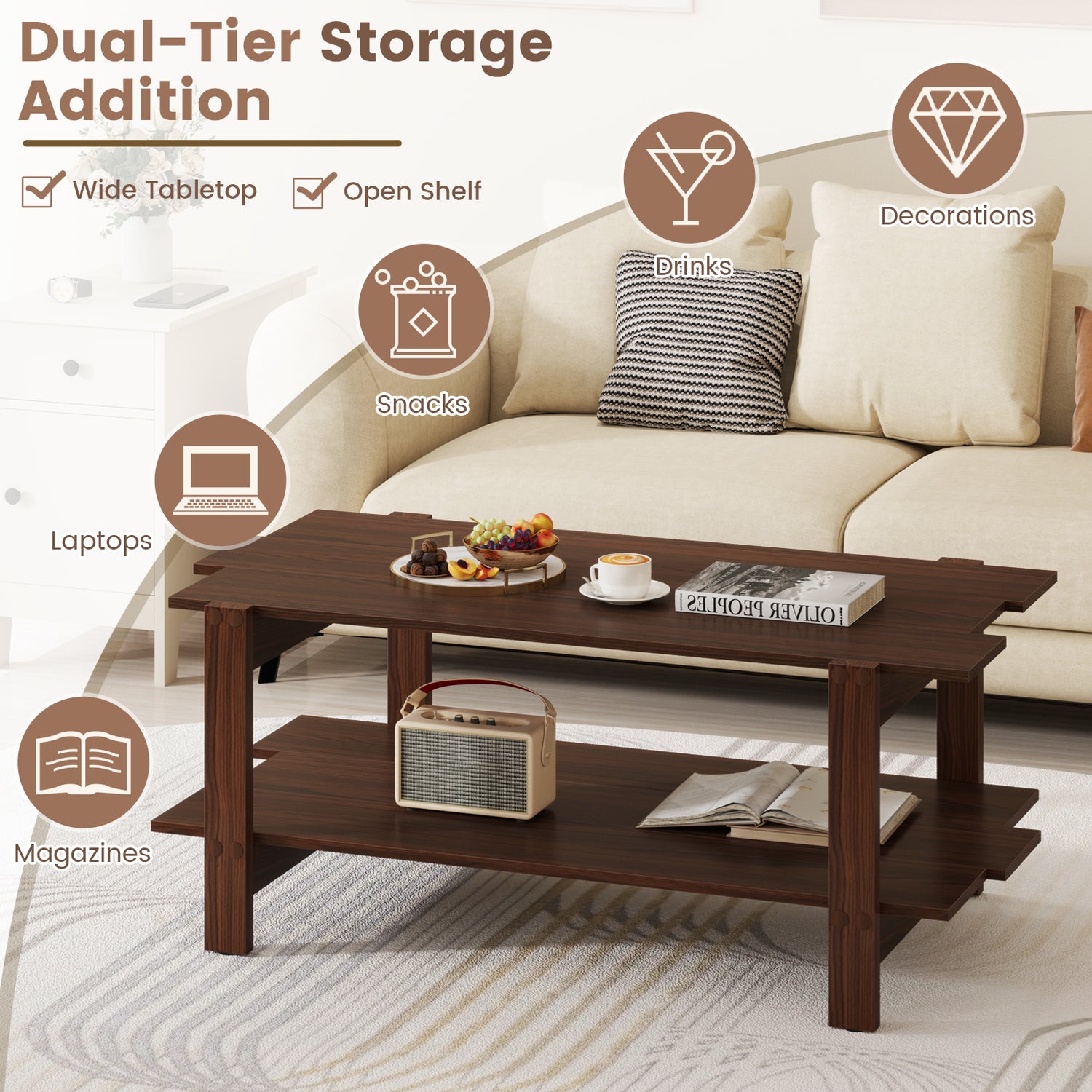 2-Tier Coffee Table Slatted Wood Center Table with Storage Shelf