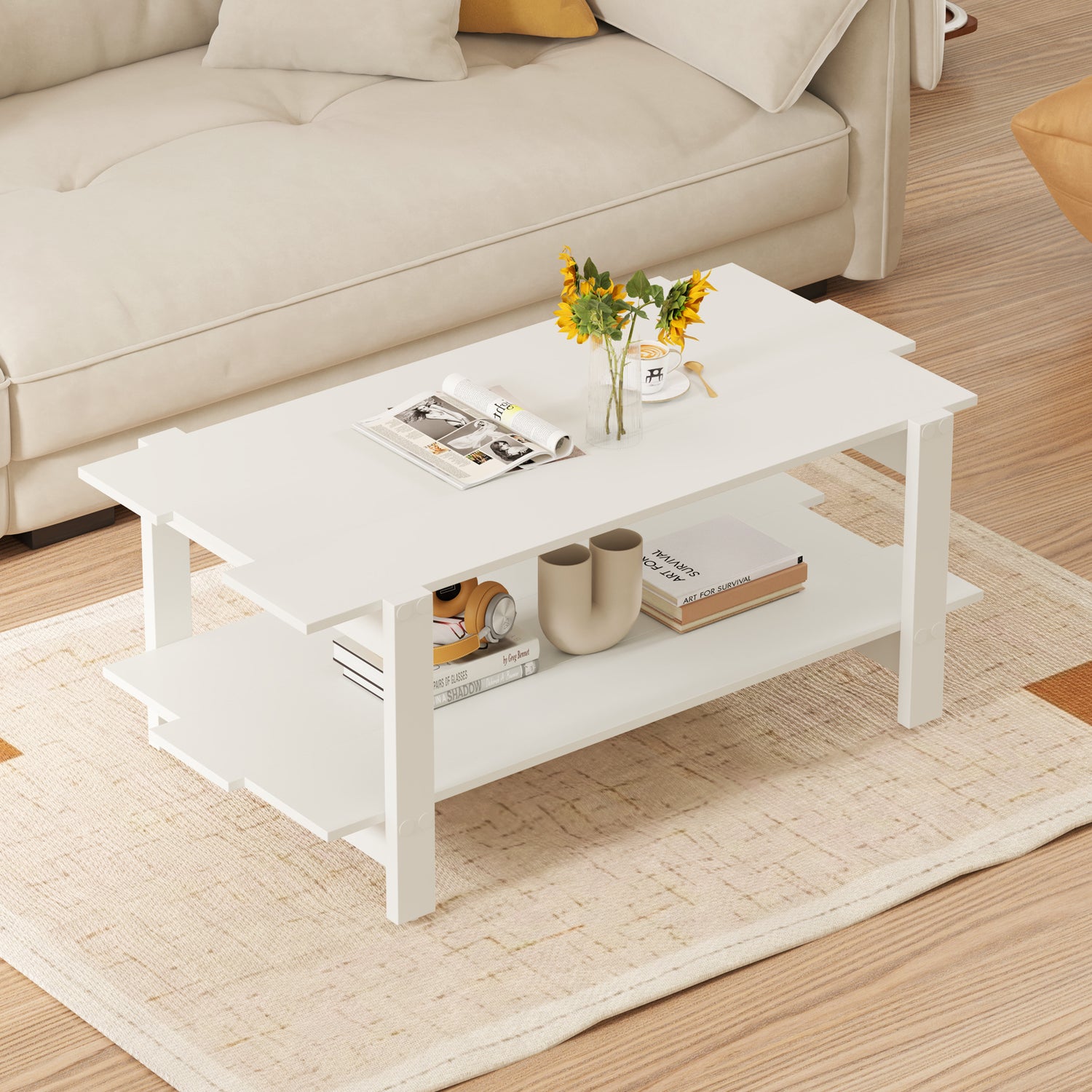 2-Tier Coffee Table Slatted Wood Center Table with Storage Shelf