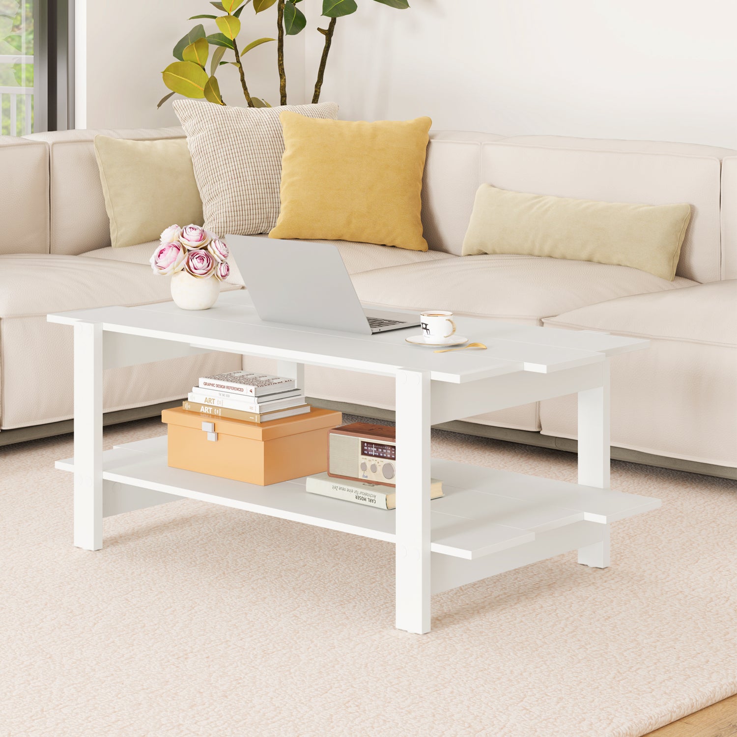 2-Tier Coffee Table Slatted Wood Center Table with Storage Shelf