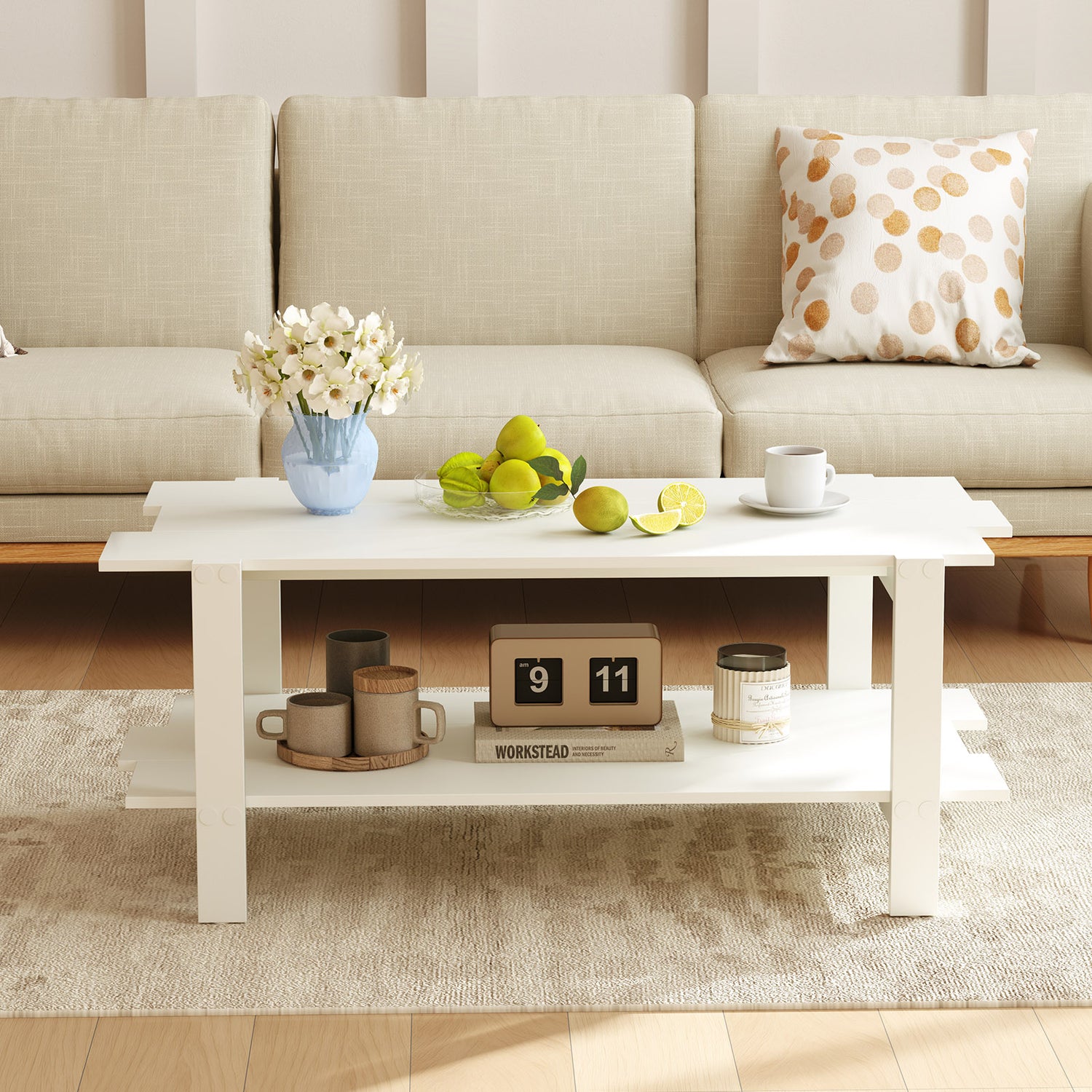 2-Tier Coffee Table Slatted Wood Center Table with Storage Shelf