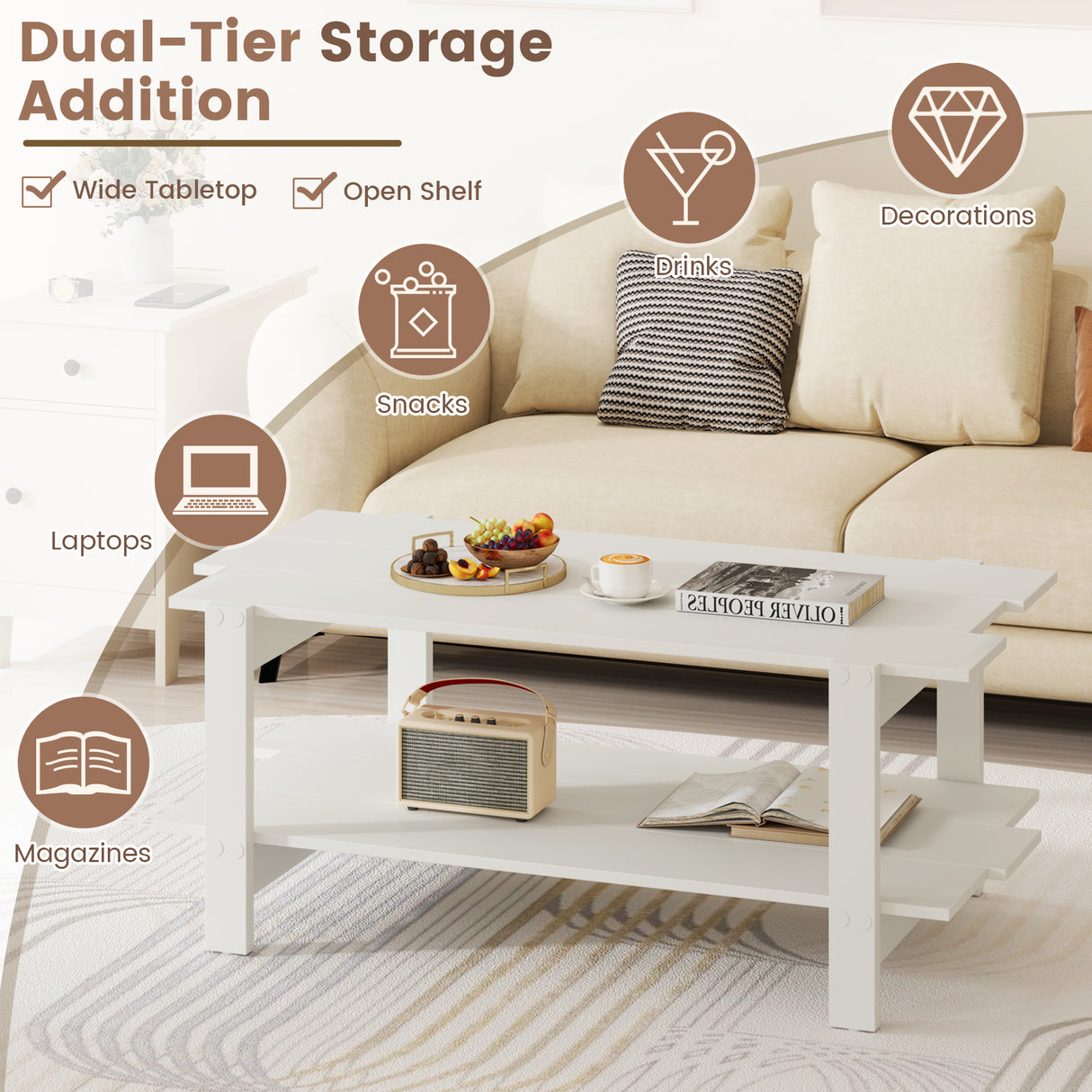 2-Tier Coffee Table Slatted Wood Center Table with Storage Shelf