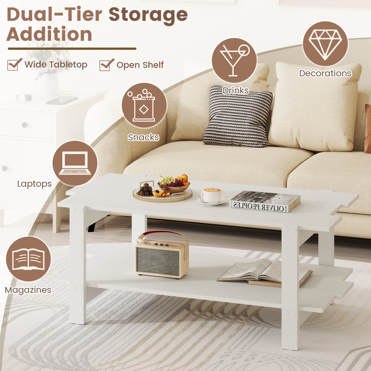 2-Tier Coffee Table Slatted Wood Center Table with Storage Shelf