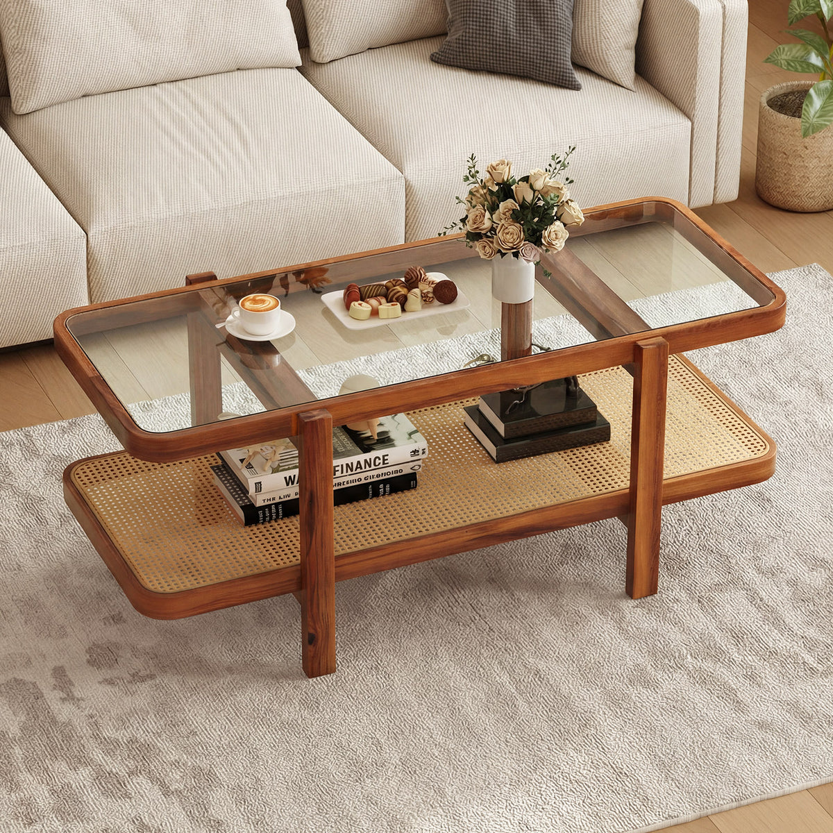 2-Tier Coffee Table with Storage and Tempered Glass Tabletop