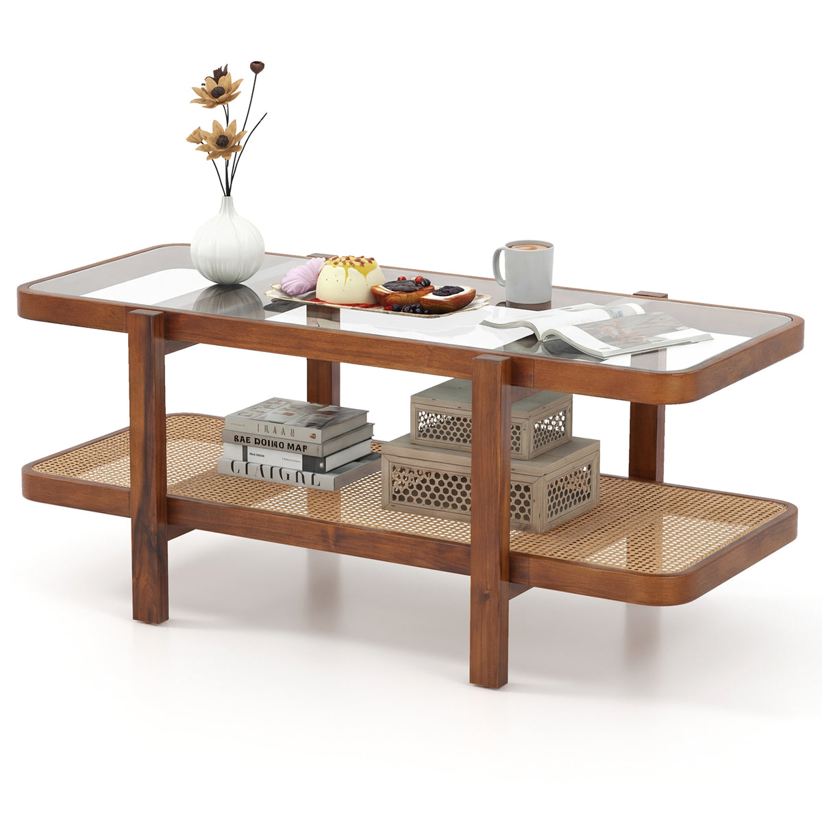 2-Tier Coffee Table with Storage and Tempered Glass Tabletop