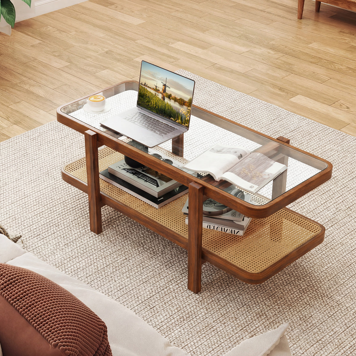 2-Tier Coffee Table with Storage and Tempered Glass Tabletop