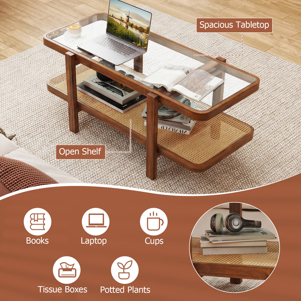 2-Tier Coffee Table with Storage and Tempered Glass Tabletop