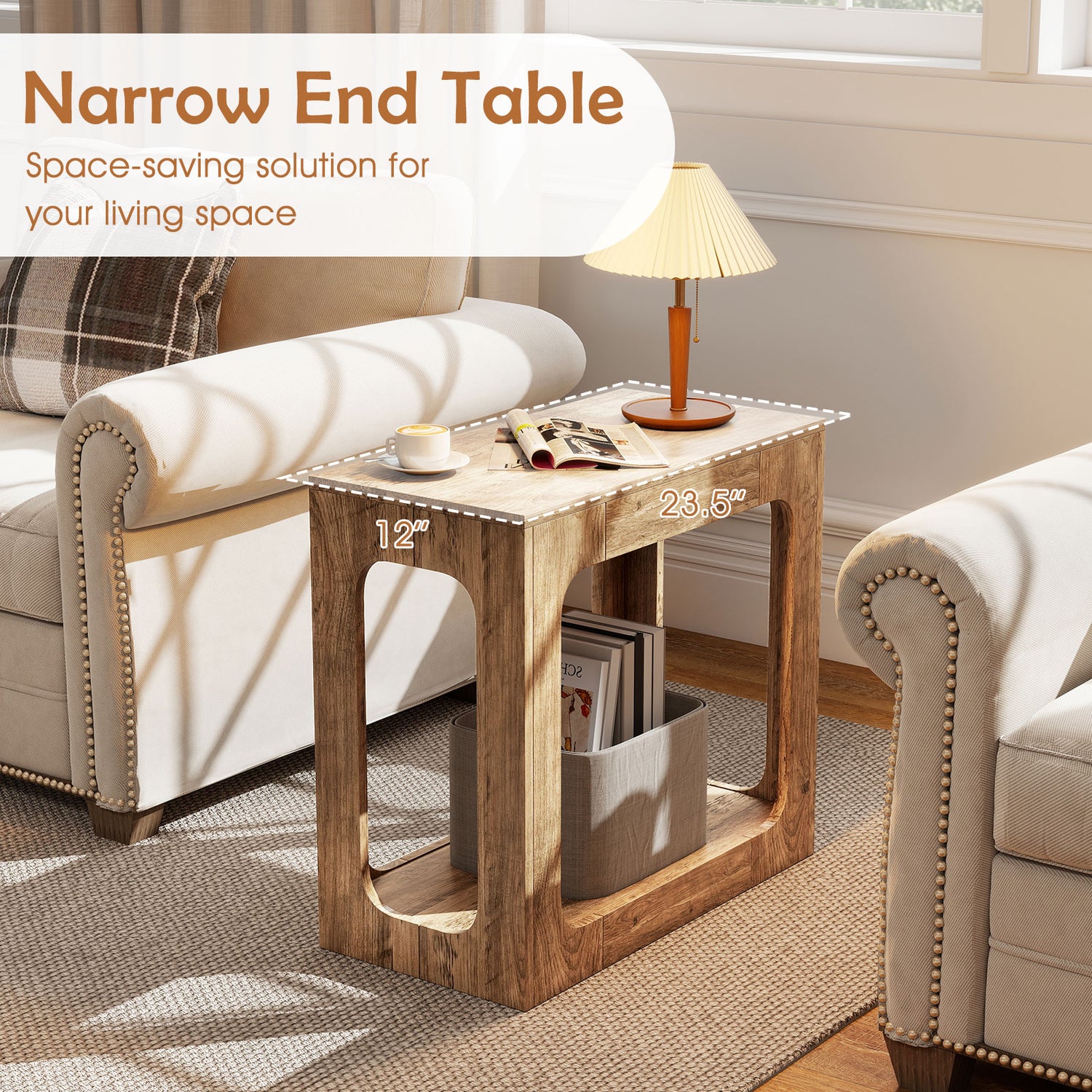 2-Tier End Table with Storage Shelf for Living Room-Oak