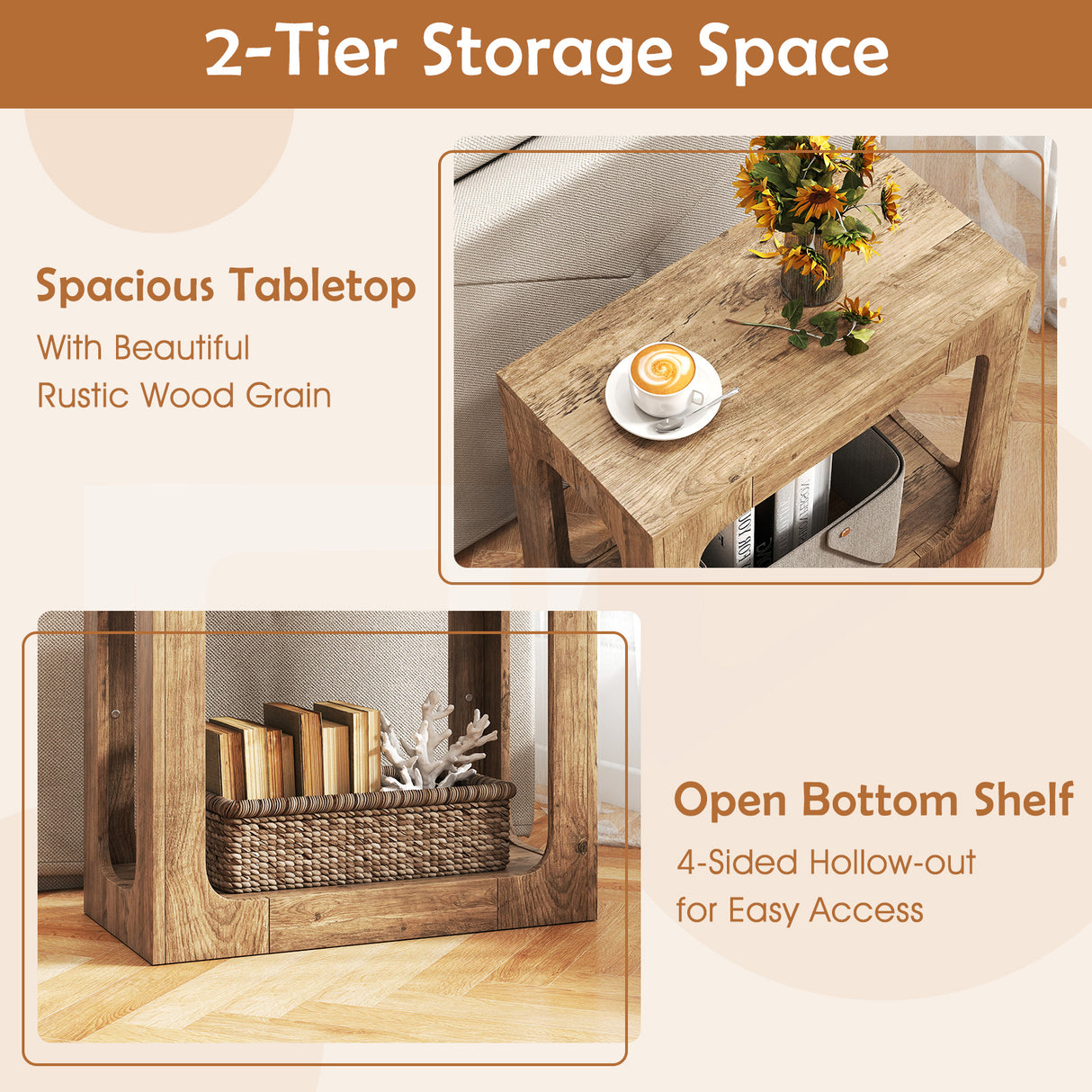 2-Tier End Table with Storage Shelf for Living Room-Oak