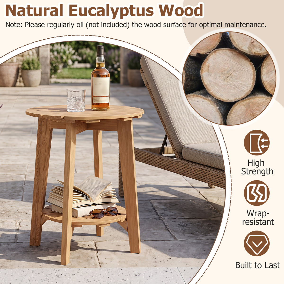 2-Tier Eucalyptus Wood Side Table with Slatted Tabletop and Storage Shelf for Outdoor-Natural
