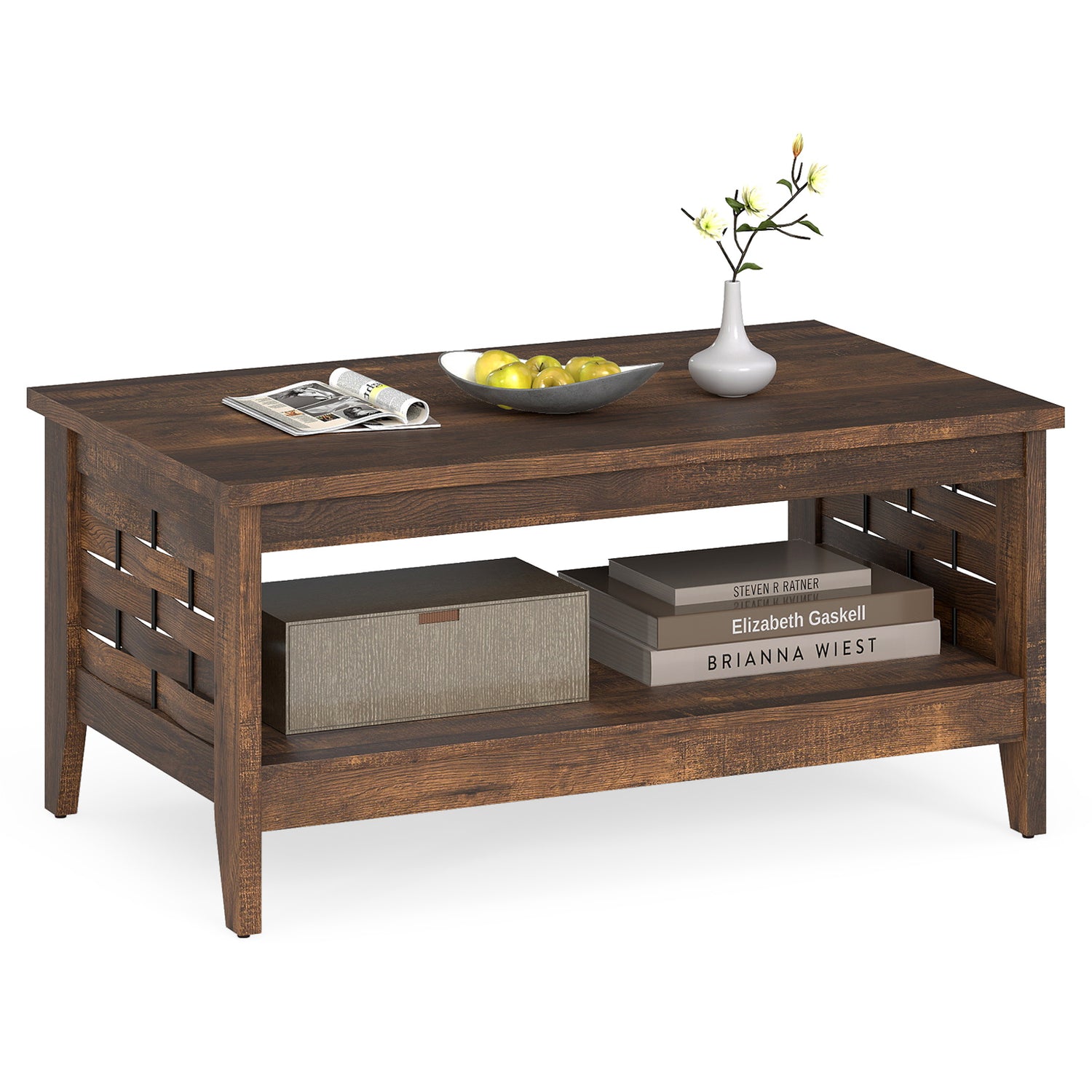 2-Tier Farmhouse Coffee Table with Open Shelf and Woven Decorations for Living Room