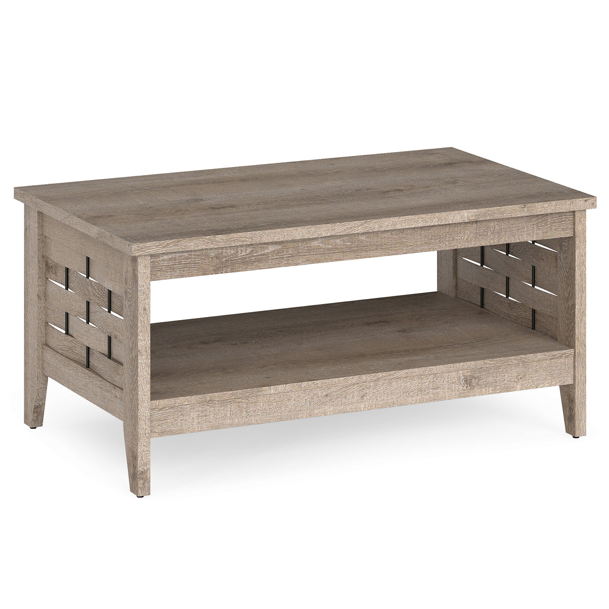 2-Tier Farmhouse Coffee Table with Open Shelf and Woven Decorations for Living Room