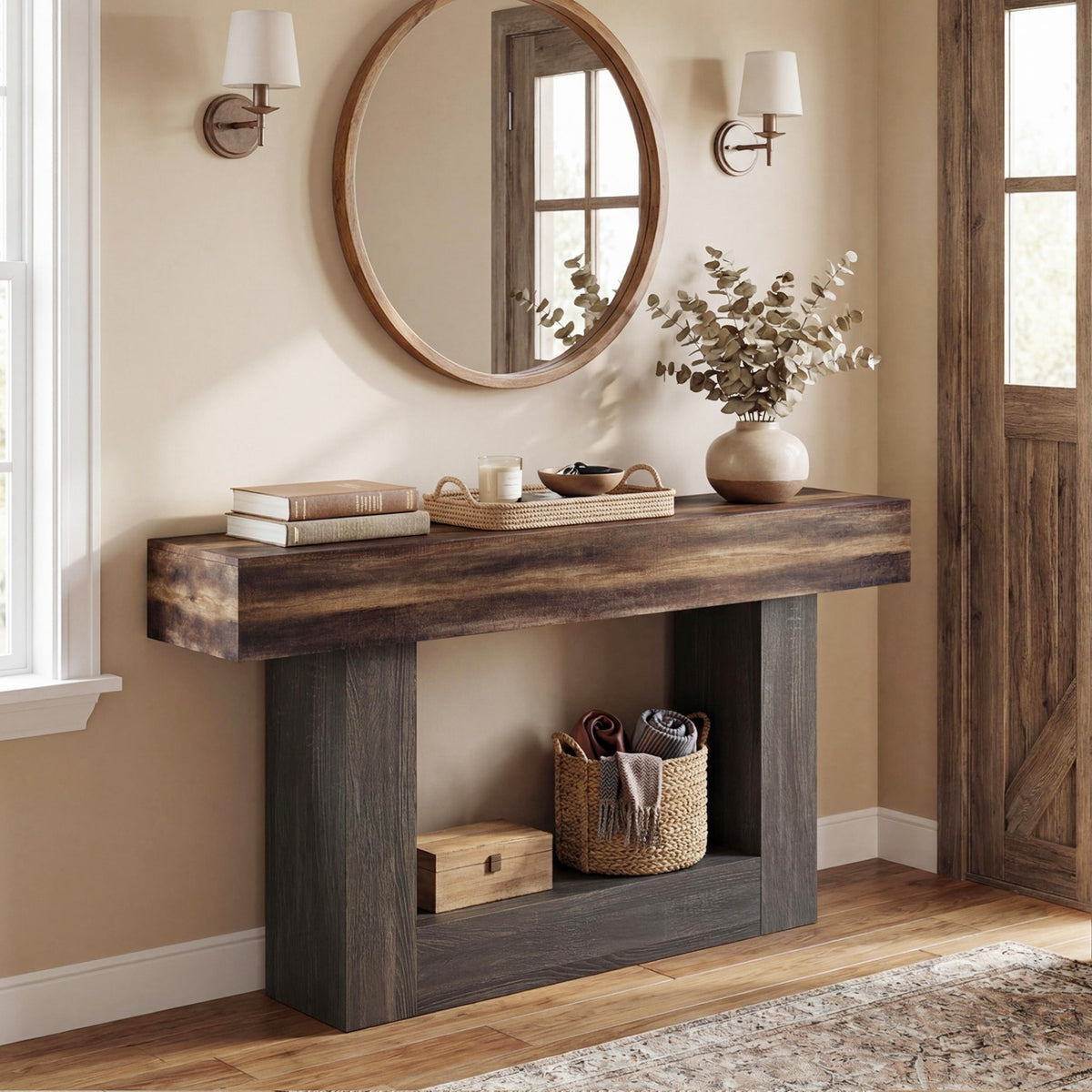 2-Tier Farmhouse Console Table 63" Long with Storage Shelf-Rustic Brown