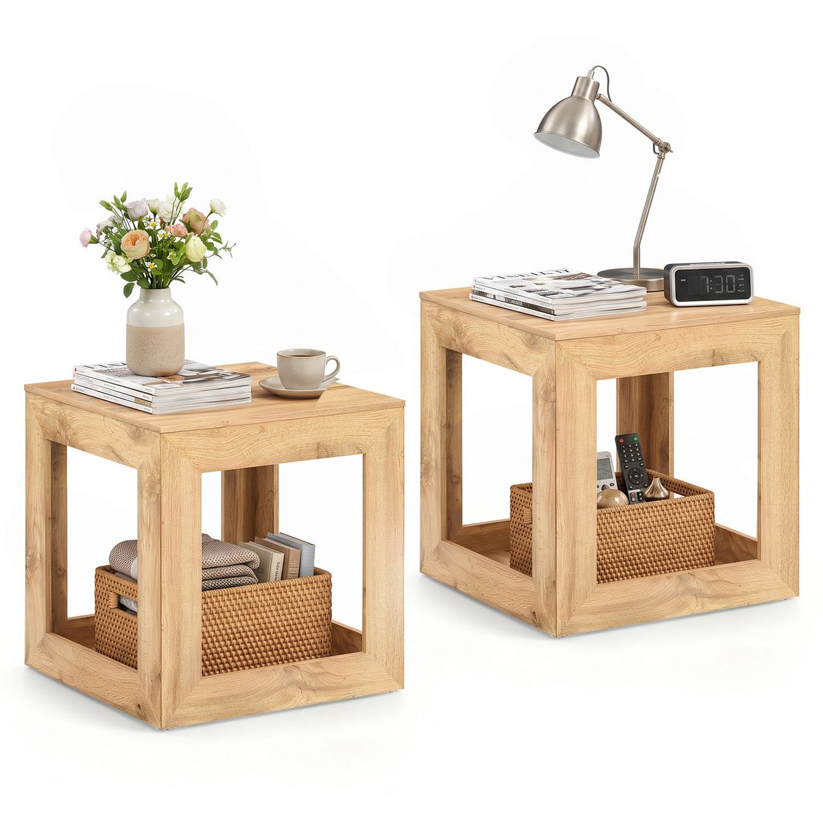 2-Tier Farmhouse End Table with Storage Shelf-Set of 2