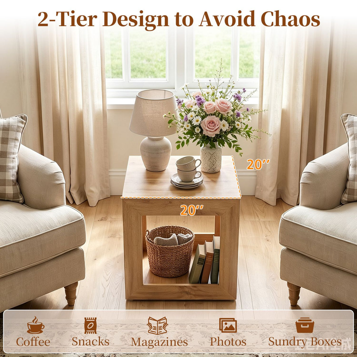 2-Tier Farmhouse End Table with Storage Shelf-Set of 2