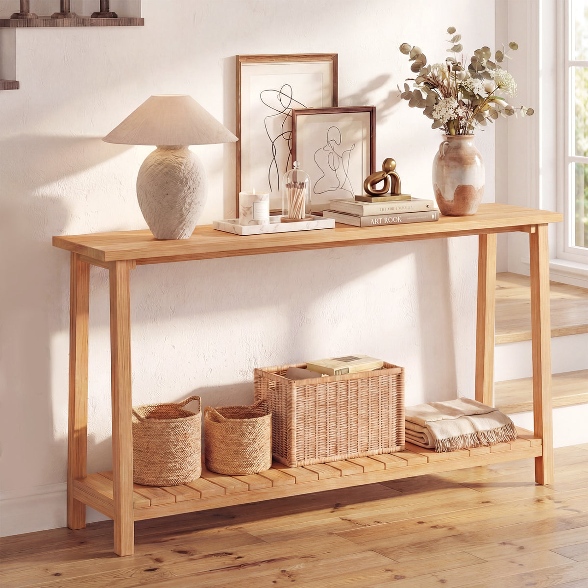 2-Tier Farmhouse Sofa Table with Teak Wood Frame and Storage Shelf