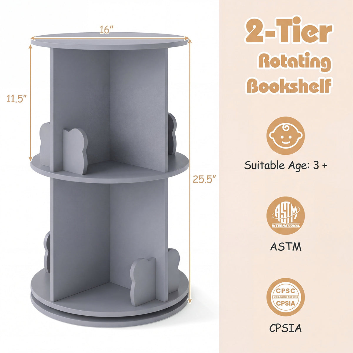 2 Tier Freestanding Kids Rotating Bookshelf Storage Rack with Bear Baffles