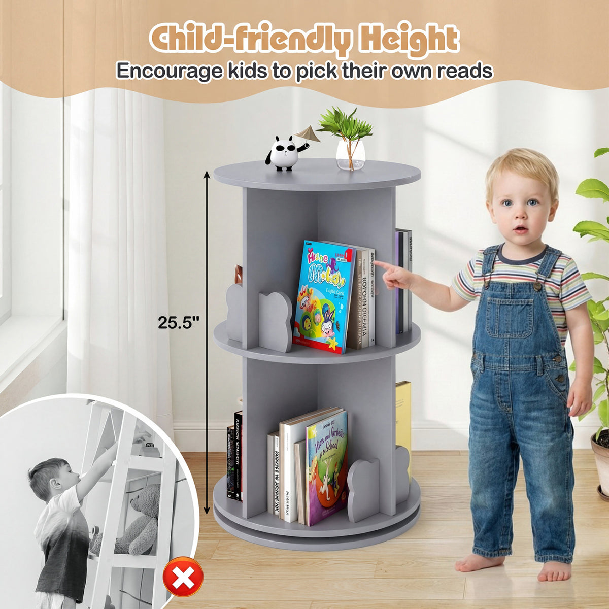 2 Tier Freestanding Kids Rotating Bookshelf Storage Rack with Bear Baffles