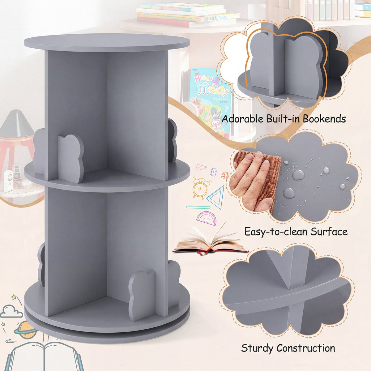 2 Tier Freestanding Kids Rotating Bookshelf Storage Rack with Bear Baffles