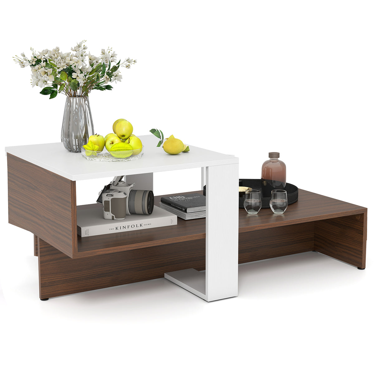 2-Tier Geometric Coffee Table with Storage Shelves for Living Room and Reception Room-White and Brown