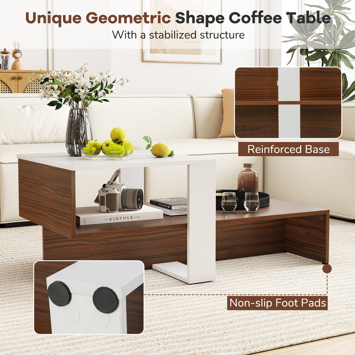 2-Tier Geometric Coffee Table with Storage Shelves for Living Room and Reception Room-White and Brown