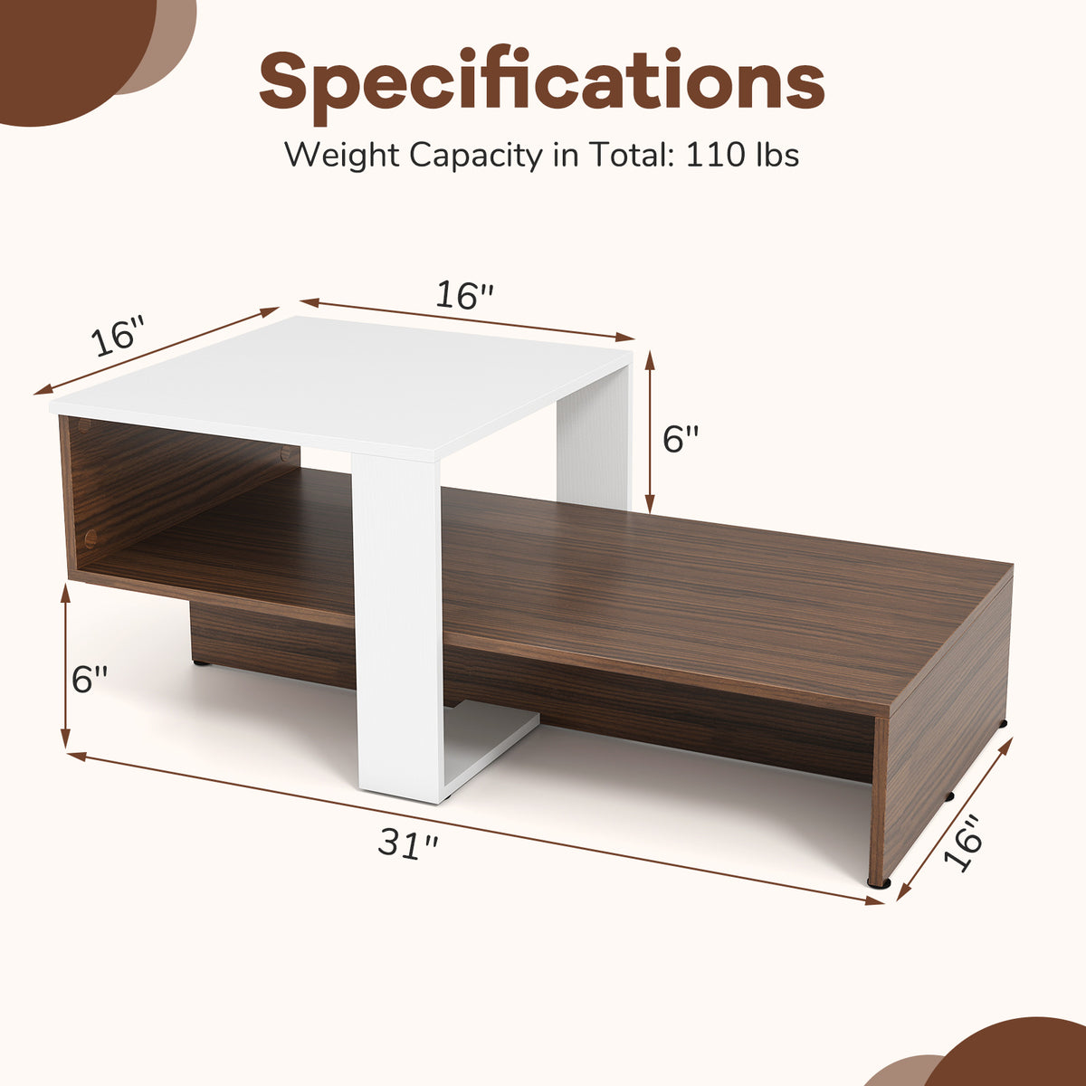 2-Tier Geometric Coffee Table with Storage Shelves for Living Room and Reception Room-White and Brown