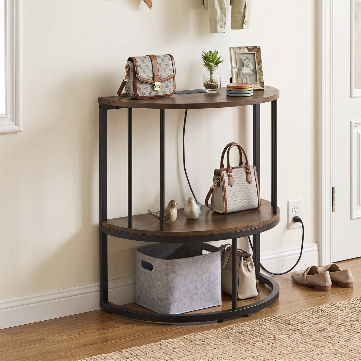 2-Tier Half Moon Console Table with Power Outlets and Storage Shel for Hallway