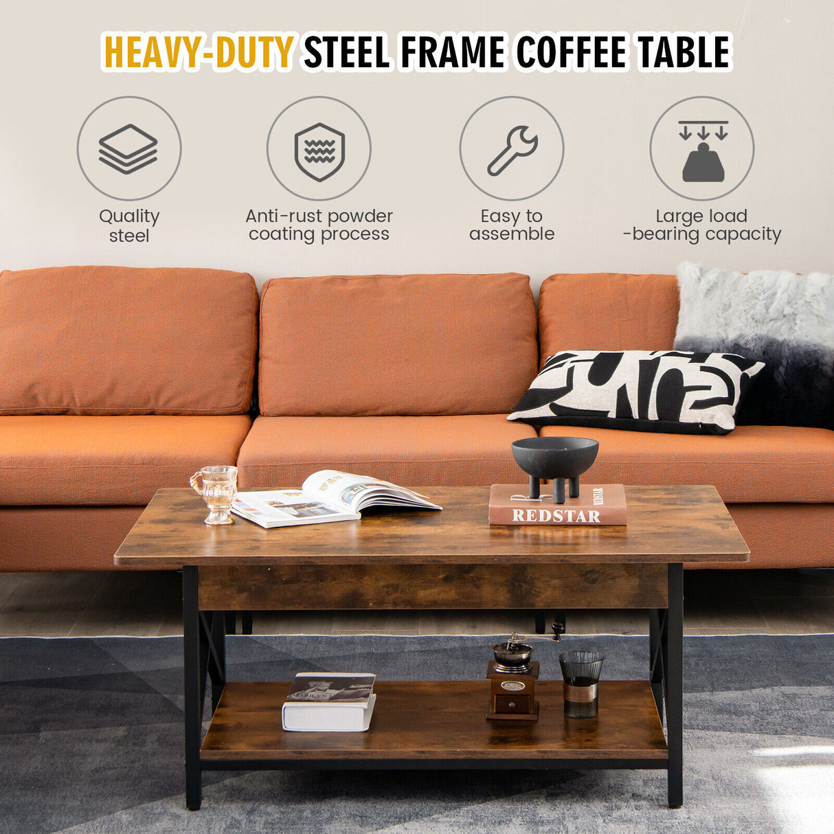 2-Tier Industrial Rectangular Coffee Table with Storage Shelf
