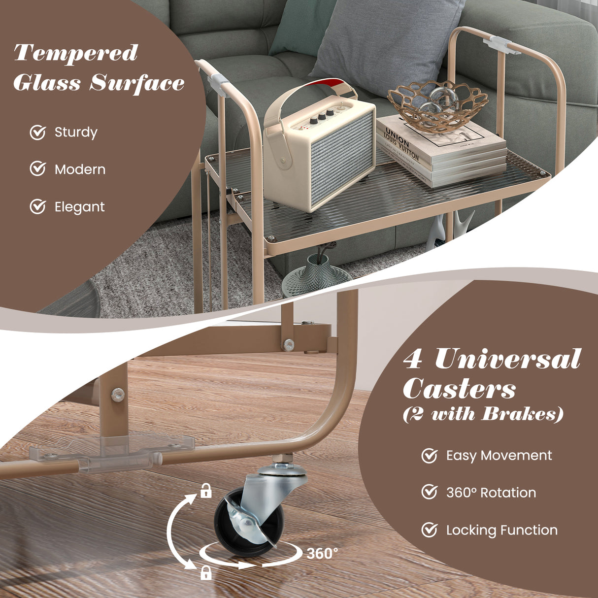 2-Tier Mobile Serving Cart with Tempered Glass Shelf-Golden