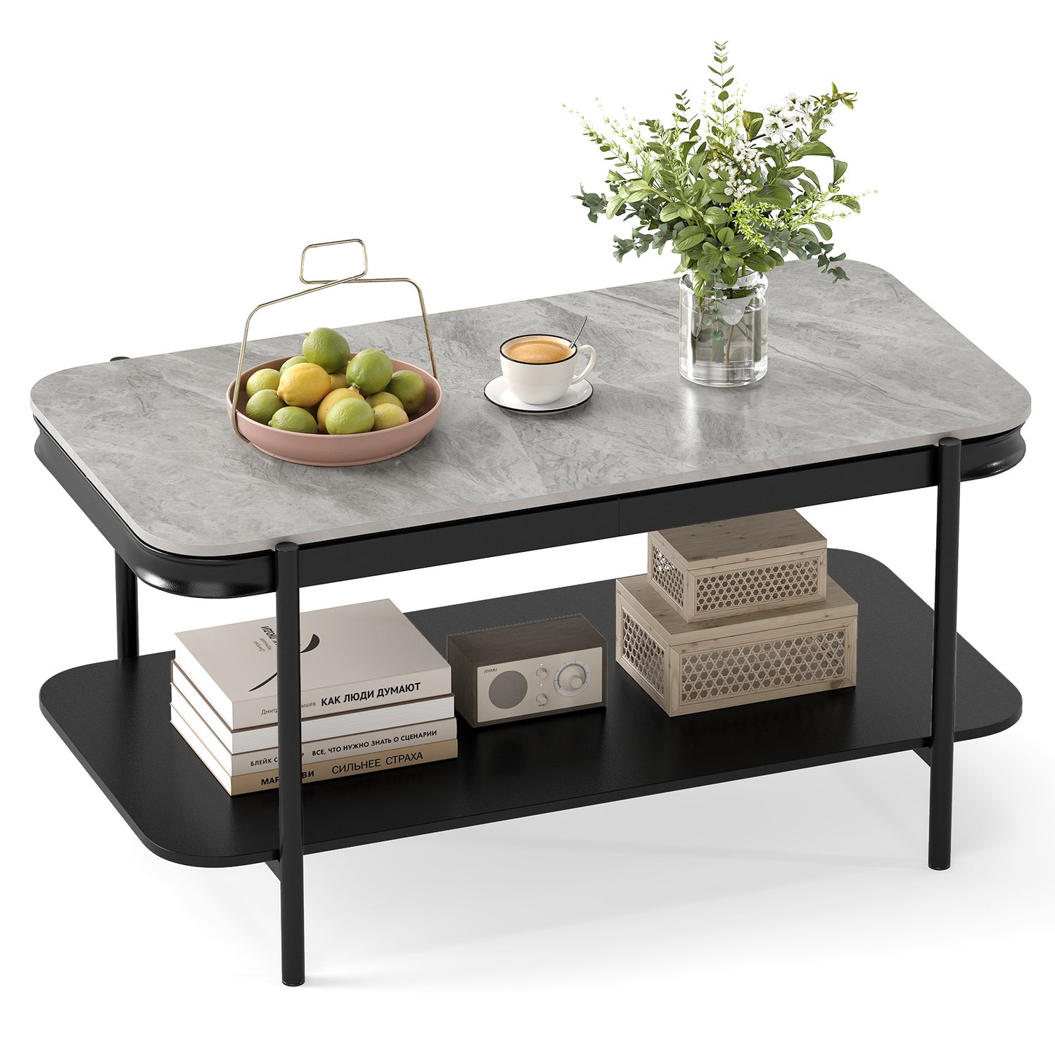 2-Tier Modern Rectangular Coffee Table with Sintered Stone Top