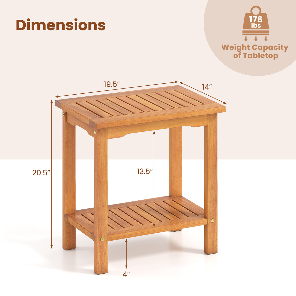 2-Tier Outdoor Acacia Wood Side Table with Slatted Tabletop and Storage Shelf