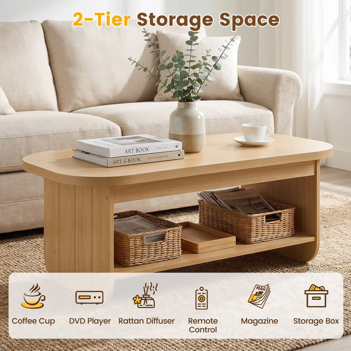 2-Tier Oval Coffee Table for Living Room Mid Century Center Table with Bottom Storage Shelf