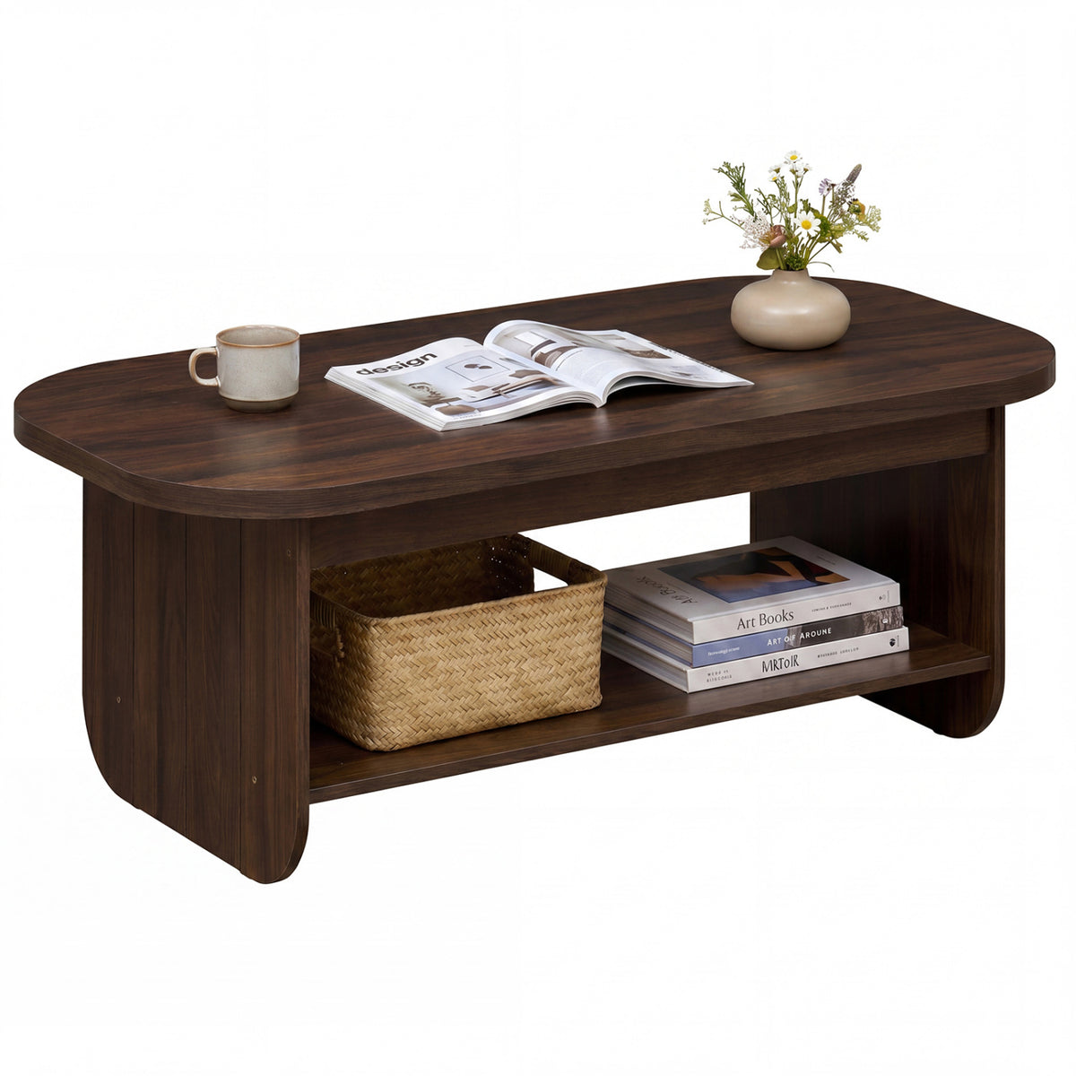 2-Tier Oval Coffee Table for Living Room Mid Century Center Table with Bottom Storage Shelf