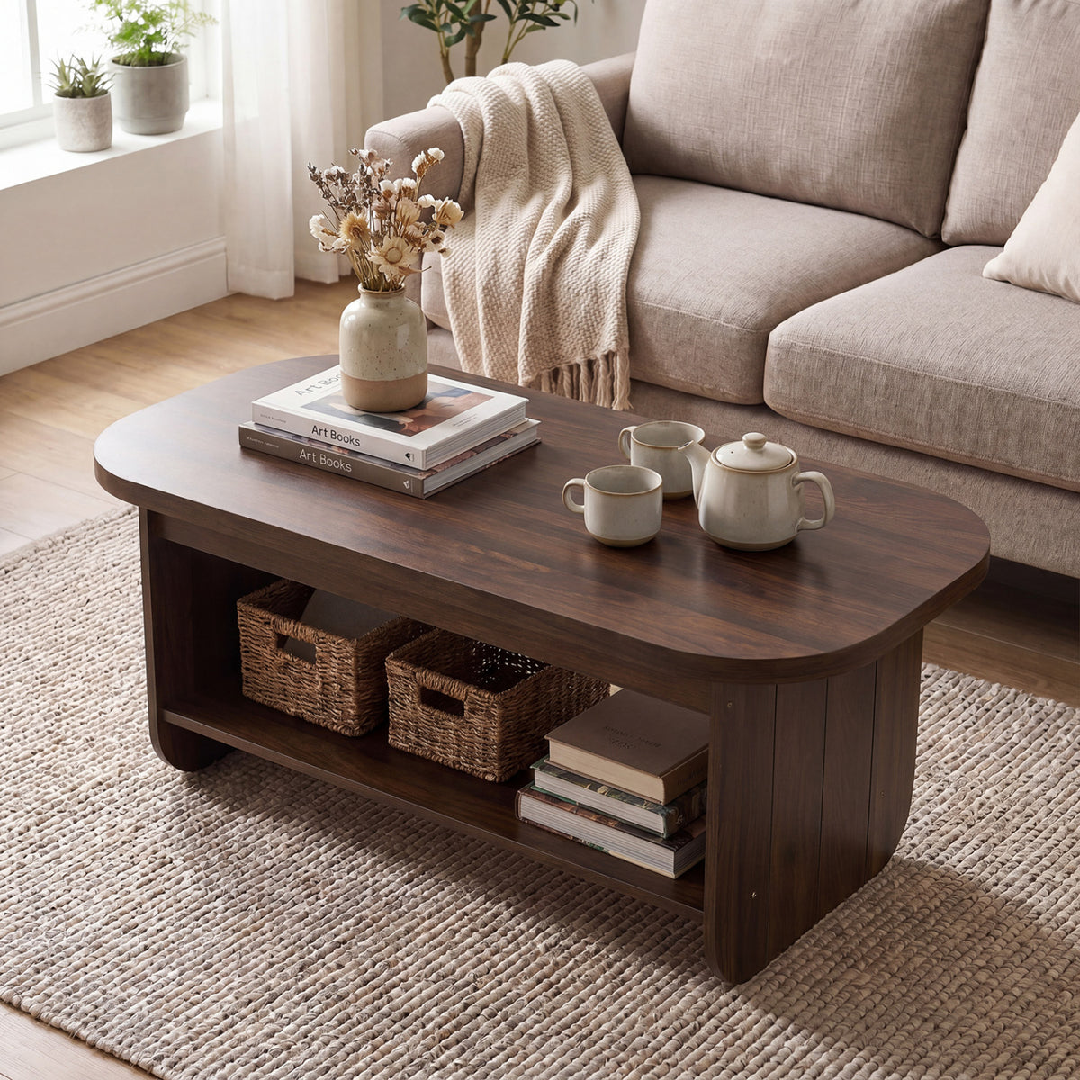 2-Tier Oval Coffee Table for Living Room Mid Century Center Table with Bottom Storage Shelf