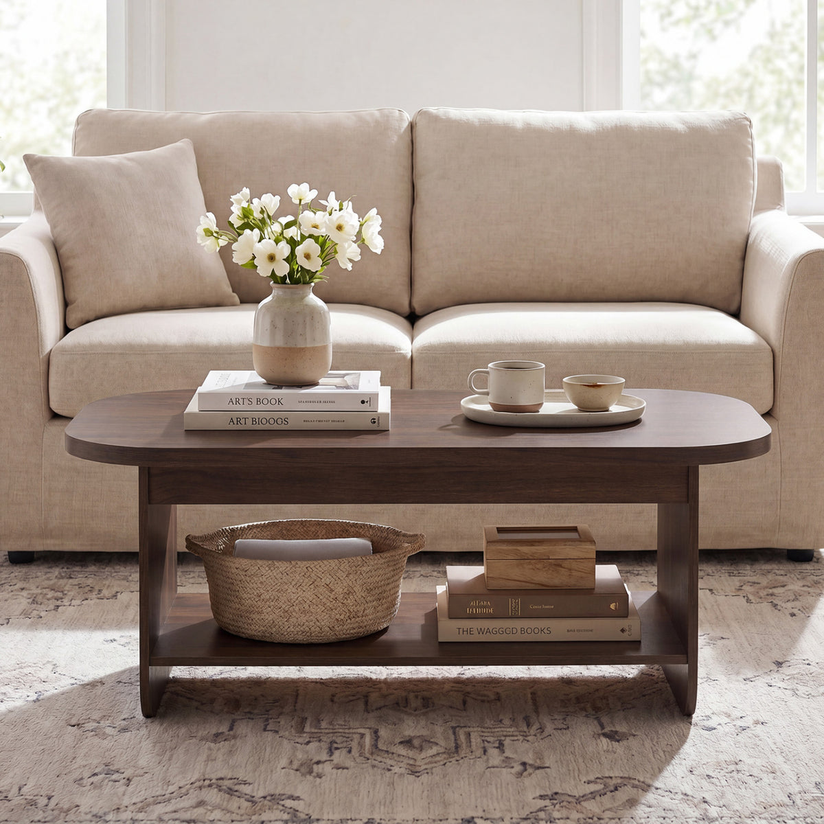 2-Tier Oval Coffee Table for Living Room Mid Century Center Table with Bottom Storage Shelf